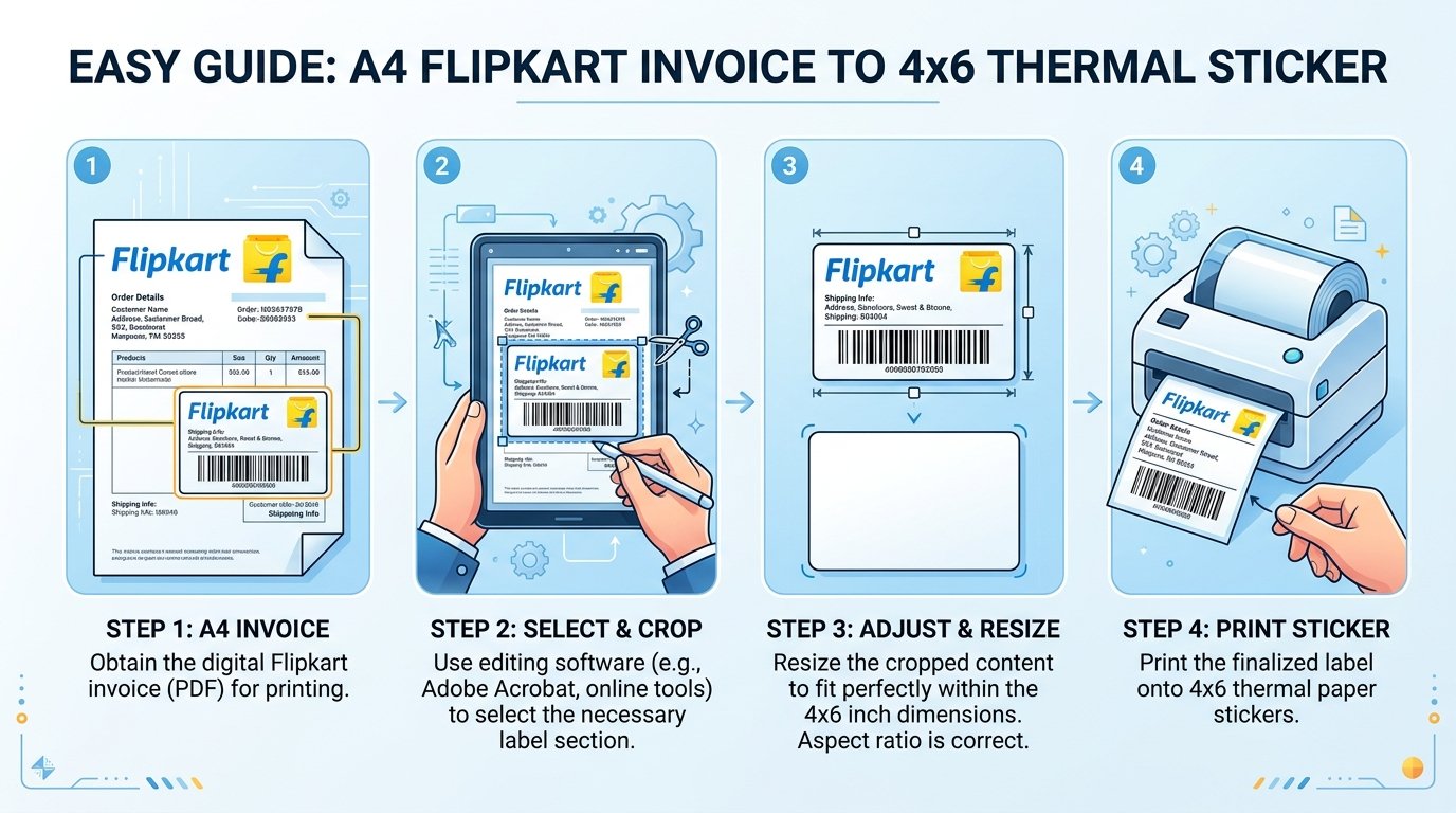 A4 Flipkart Invoice to 4x6 Thermal Sticker Cropping Guide Diagram