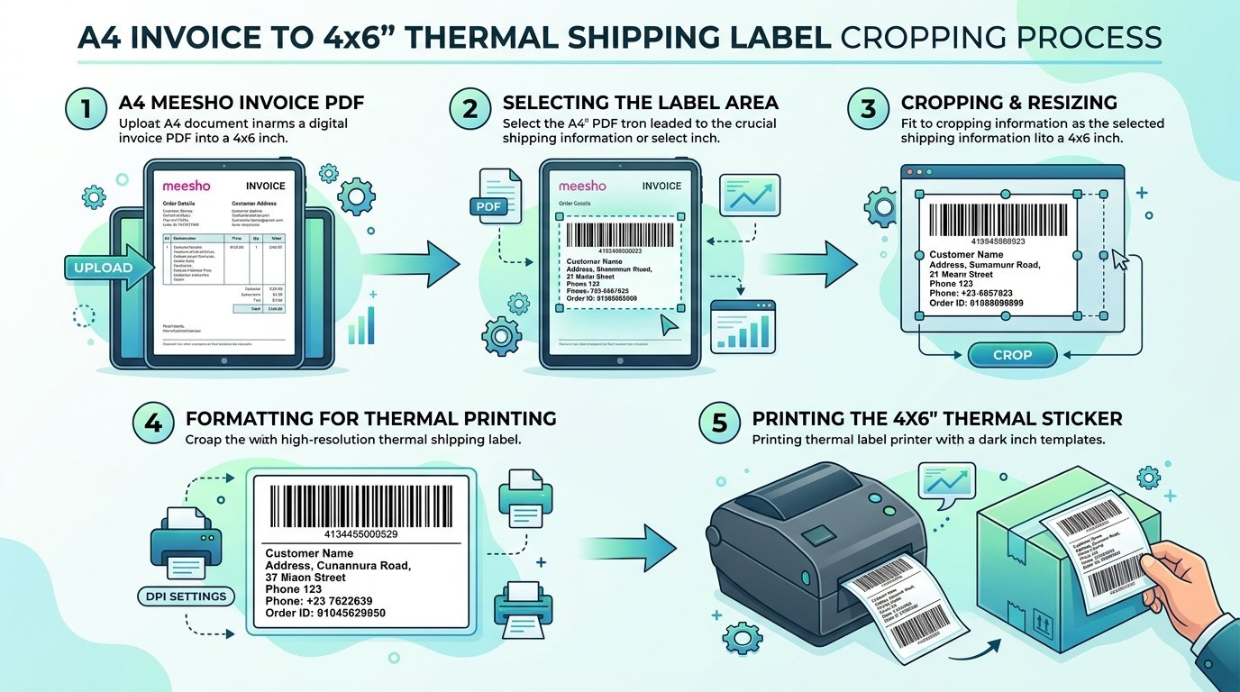 A4 Meesho Invoice PDF to 4x6 Thermal Shipping Label Cropping Process Diagram