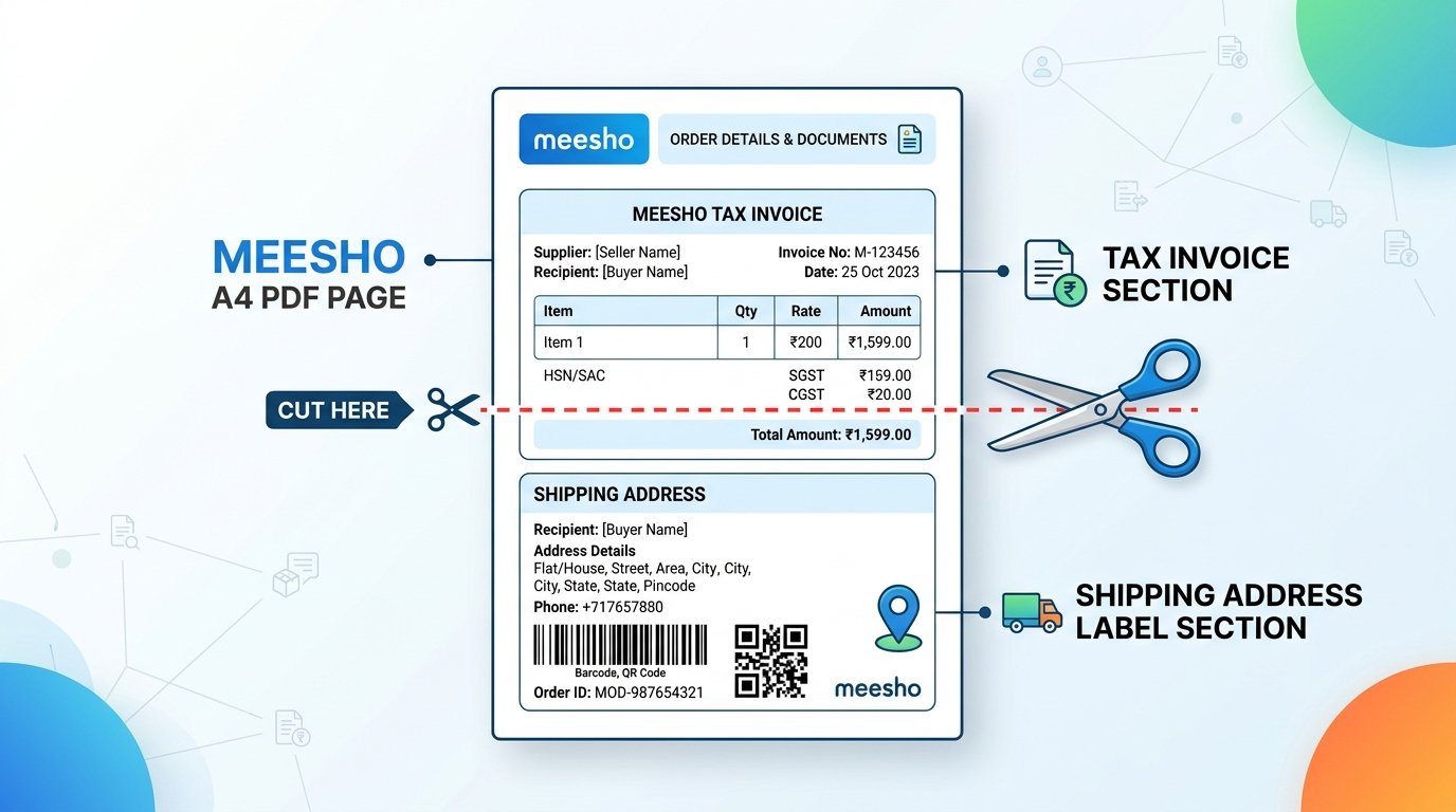 Meesho A4 PDF Page Diagram Showing Tax Invoice Section and Shipping Address Label Cut Section