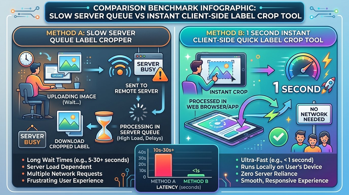 Comparison Benchmark Infographic: Slow Server Queue vs 1 Second Instant Quick Label Crop Tool